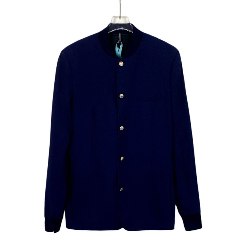 Armani Collezioni Mens Virgin Wool Navy Blue Collarless Blazer Jacket Size 48 Ma